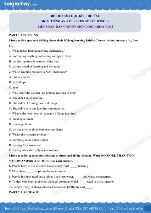 Đề thi giữa kì 1 Tiếng Anh 12 iLearn Smart World - Đề số 4